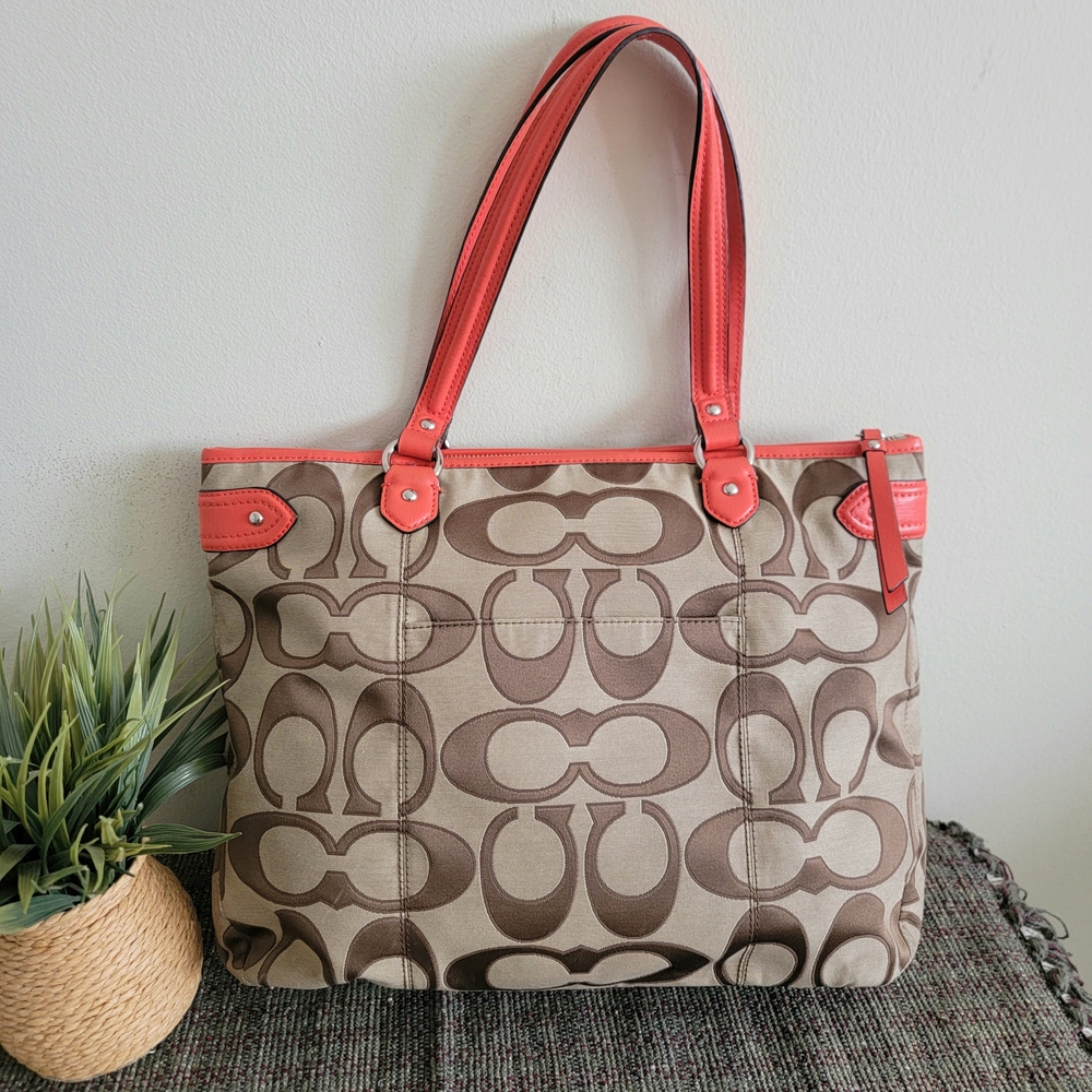 Coach Brown and Red Signature Tote Bag - Picture 4 of 8